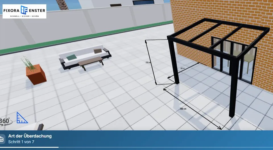 3D-Terrassenkonfigurator: Ansicht der Terrassenueberdachung mit Massen